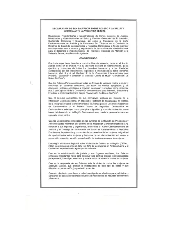 Declaración de San Salvador sobre acceso a la salud y justicia ante la violencia sexual